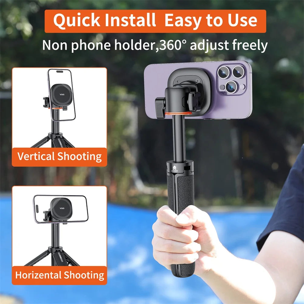 Magnetic Extend Selfie Stick Tripod w 1/4" Magnet Tripod Mount Ring Cell Phone Tripod Stand for Magsaf iPhone 15 14 13 12 Phone
