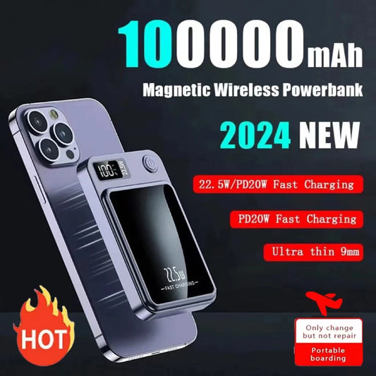 100000mAh Wireless Power Bank Magnetic Qi Portable Powerbank Type C Fast Charger For iPhone15 14 13 Samsung MaCsafe 2024 New
