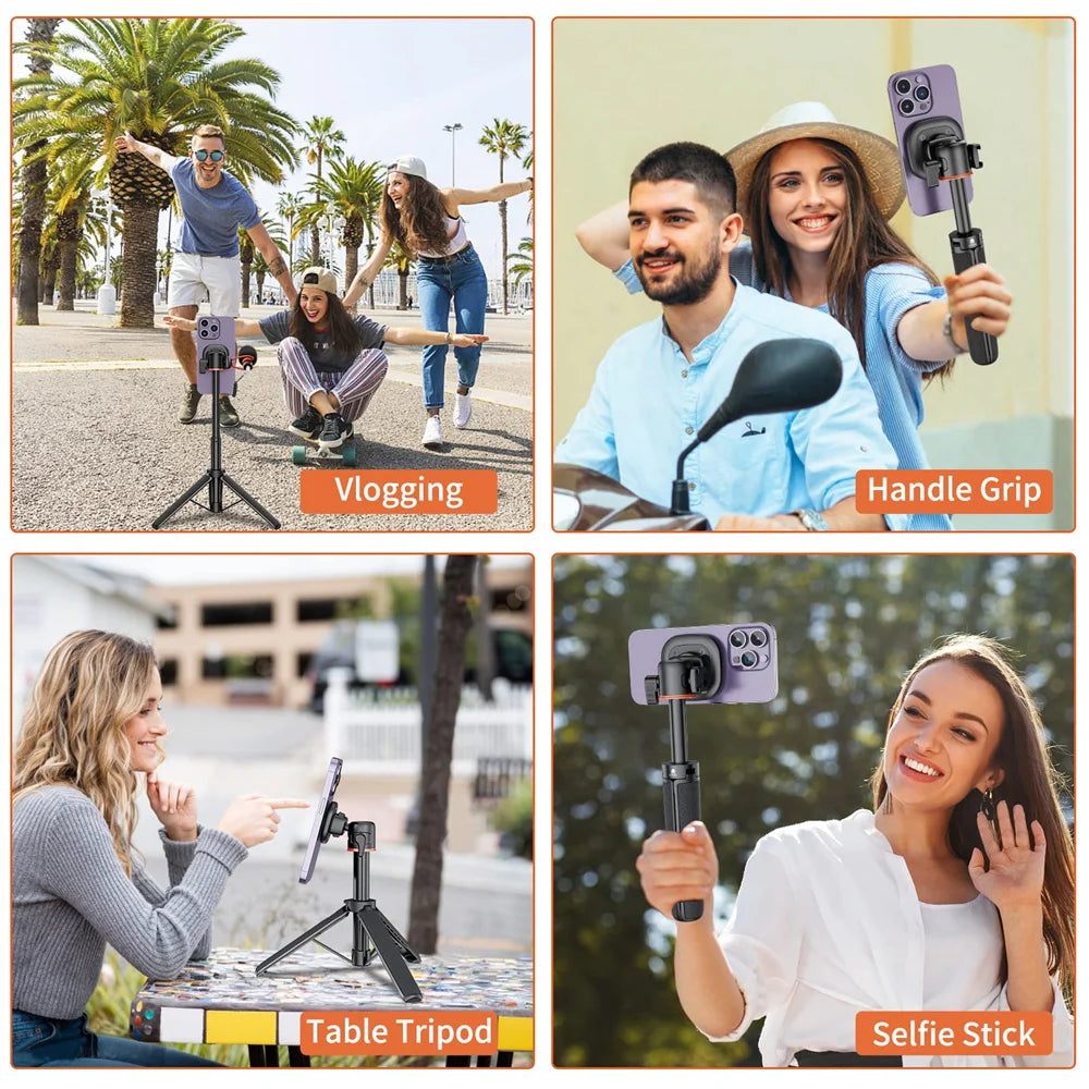 Magnetic Extend Selfie Stick Tripod w 1/4" Magnet Tripod Mount Ring Cell Phone Tripod Stand for Magsaf iPhone 15 14 13 12 Phone